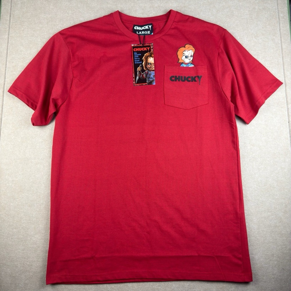 Chucky Shirt Men's‎ Large Red Pocket Tee Child's Play Horror Graphic T-Shirt